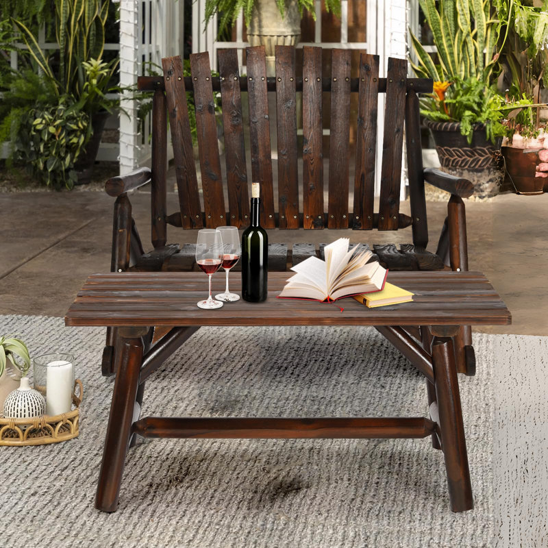 Outdoor Wood Rocking Bench Set Patio Bistro Set 2 Person Rustic Adirondack Log Rocker With Side Table Slatted Seat High Backrest Patio Rocking